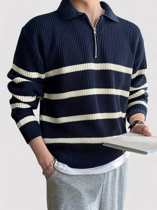 Maglione Mezza Zip a Righe Blu Navy Casual Elegante Stile Italiano