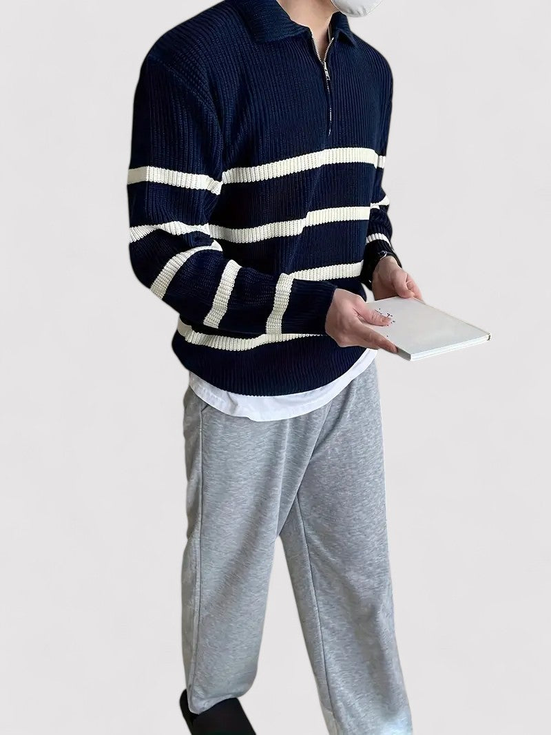 Maglione Mezza Zip a Righe Blu Navy Casual Elegante Stile Italiano