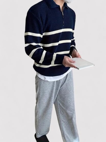 Maglione Mezza Zip a Righe Blu Navy Casual Elegante Stile Italiano