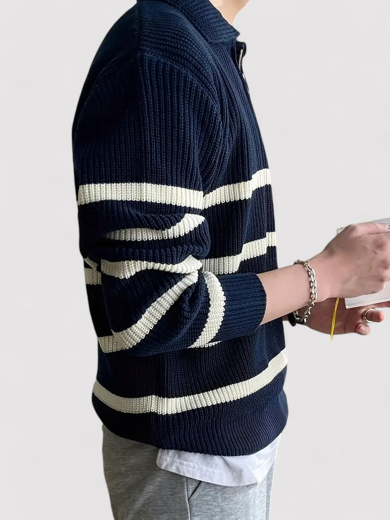 Maglione Mezza Zip a Righe Blu Navy Casual Elegante Stile Italiano