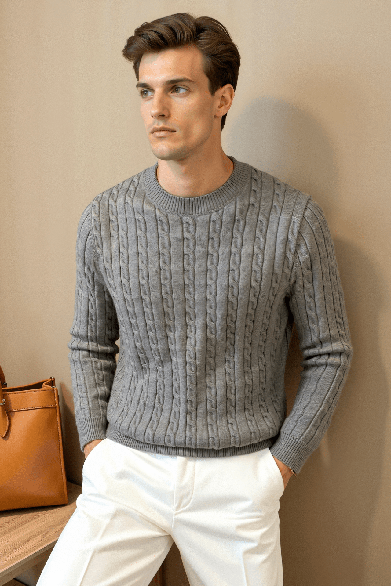 Pullover da uomo in cashmere a collo rotondo con lavorazione a trecce di alta qualità Stile Italiano