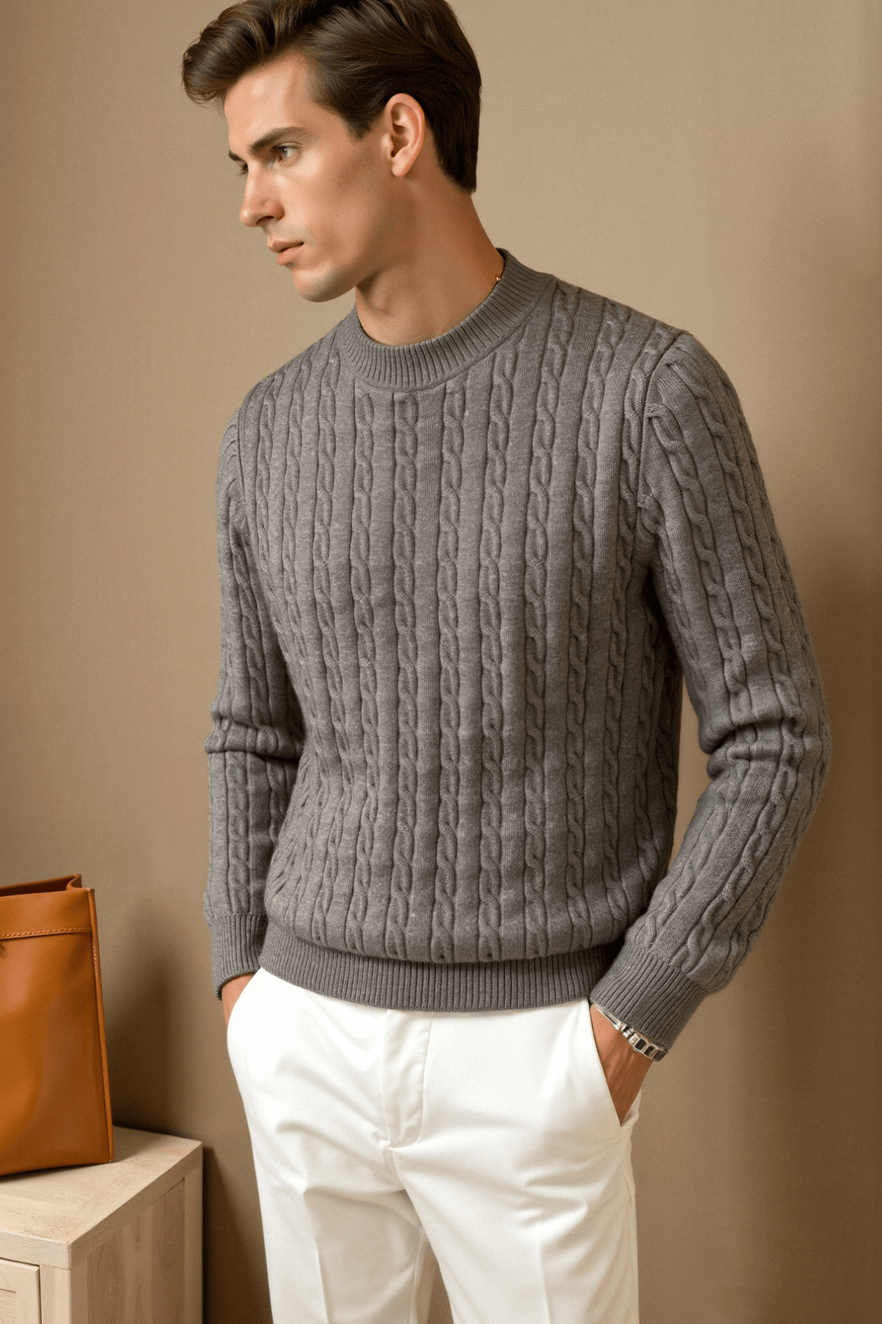 Pullover da uomo in cashmere a collo rotondo con lavorazione a trecce di alta qualità Stile Italiano