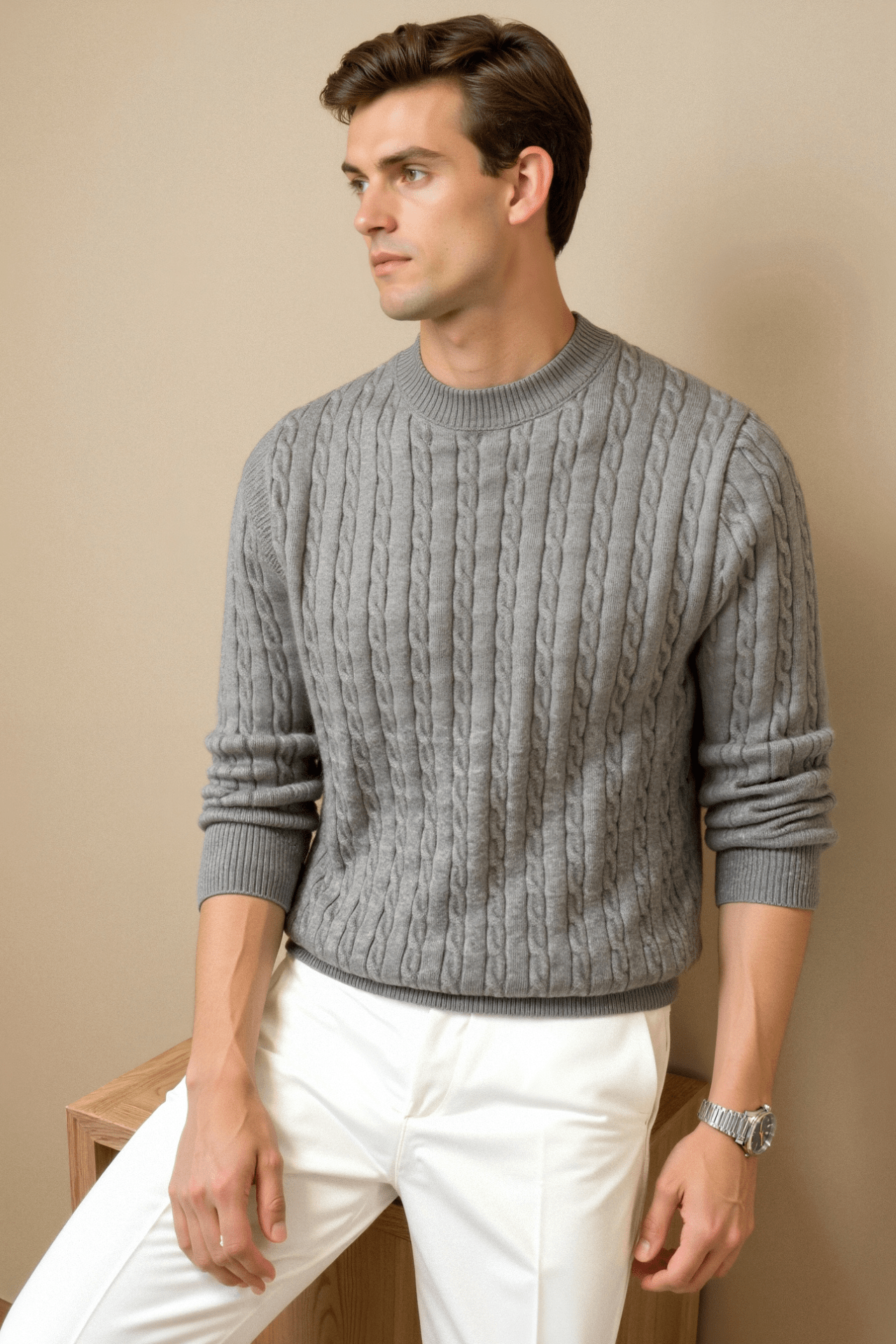 Pullover da uomo in cashmere a collo rotondo con lavorazione a trecce di alta qualità Stile Italiano