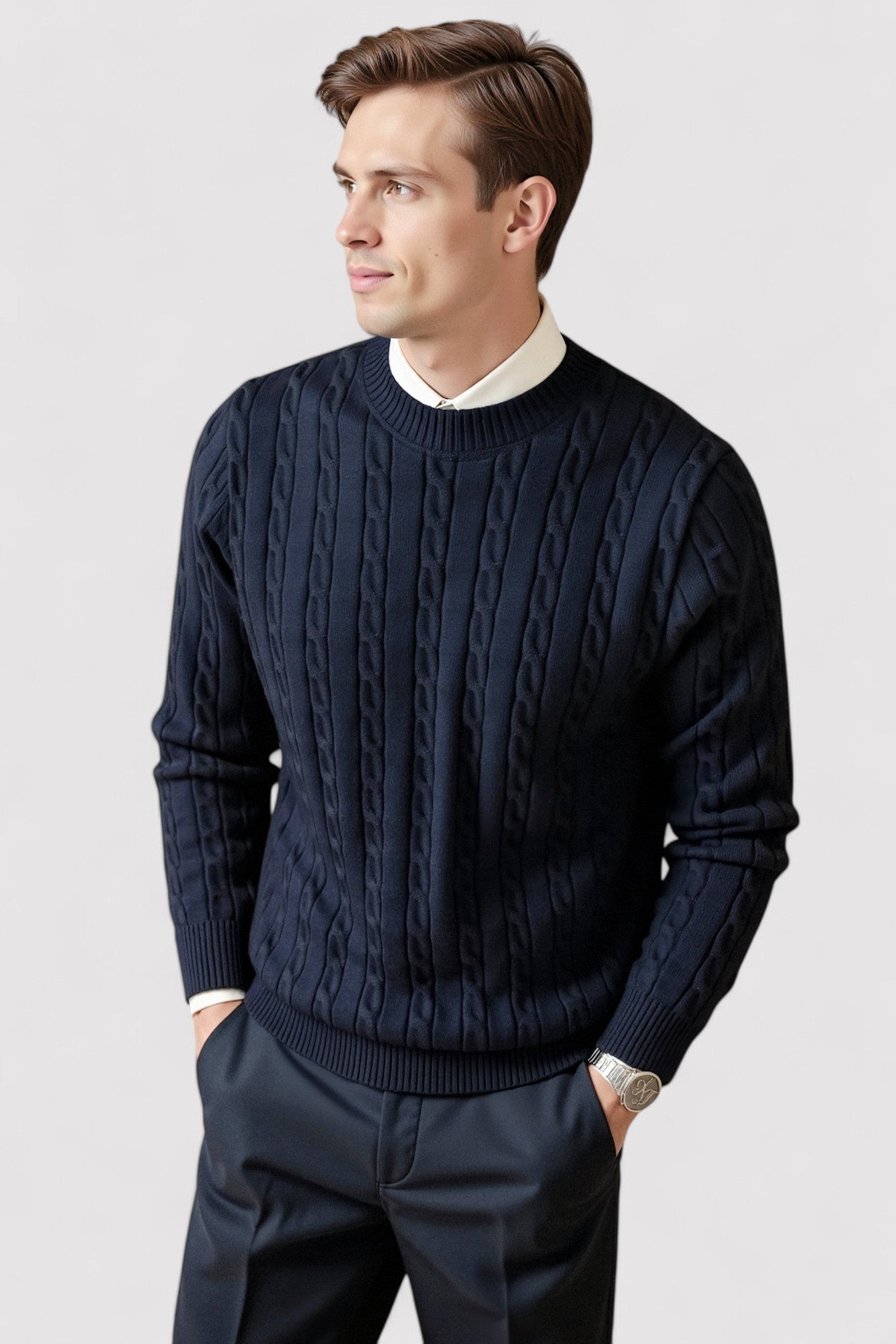 Pullover da uomo in cashmere a collo rotondo con lavorazione a trecce di alta qualità Stile Italiano