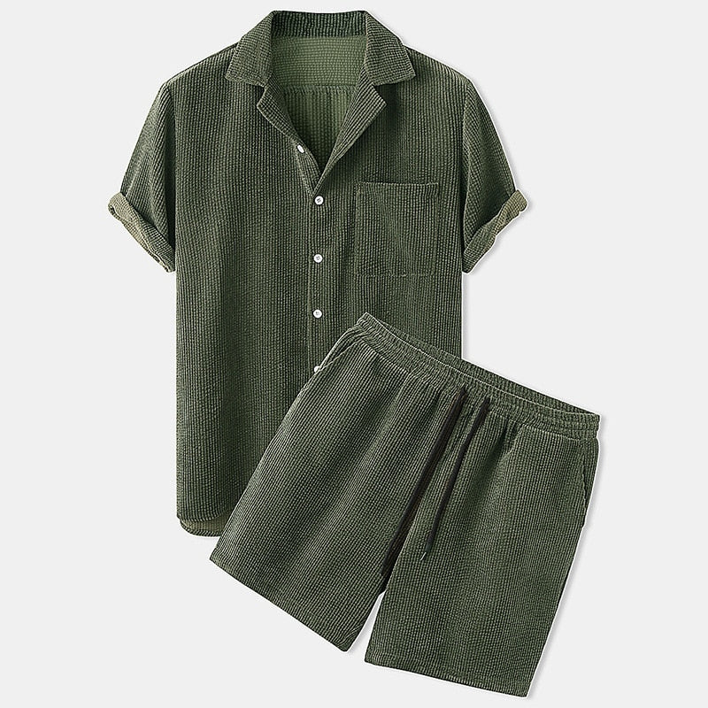 Set Estivo in Velluto a Corda per Uomo - Completo con Pantaloni Corti e Camicia a Maniche Corte Stile Italiano