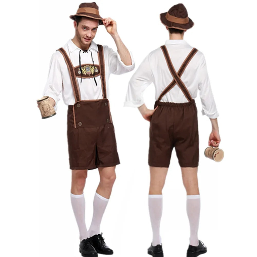 Costume Tradizionale da Uomo in Pelle Marrone per l'Autunno - Lederhosen Elegante per Oktoberfest Stile Italiano