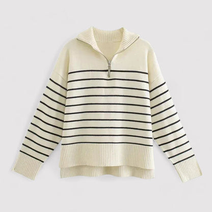 Maglione Donna Vintage Chic con Zip in Maglia con Strisce Beige e Blu Stile Italiano