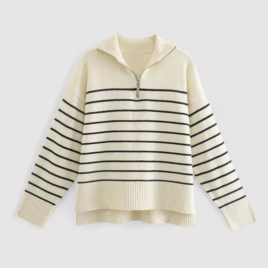 Maglione Donna Vintage Chic con Zip in Maglia con Strisce Beige e Blu Stile Italiano