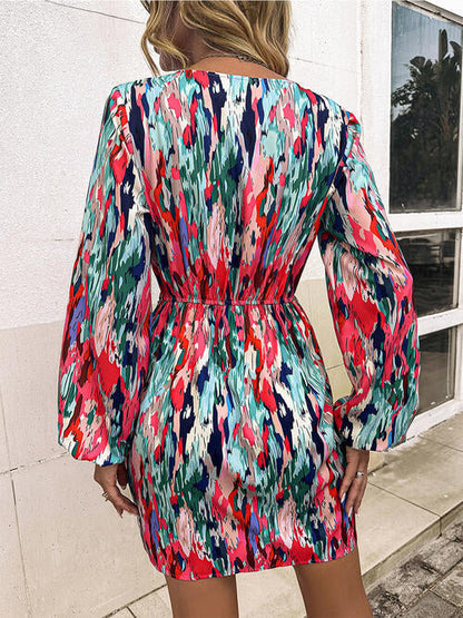 Vestito Mini con Maniche a Palloncino e Scollo Incrociato Floreale per Donne Stile Italiano