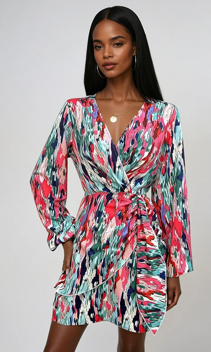 Vestito Mini con Maniche a Palloncino e Scollo Incrociato Floreale per Donne Stile Italiano