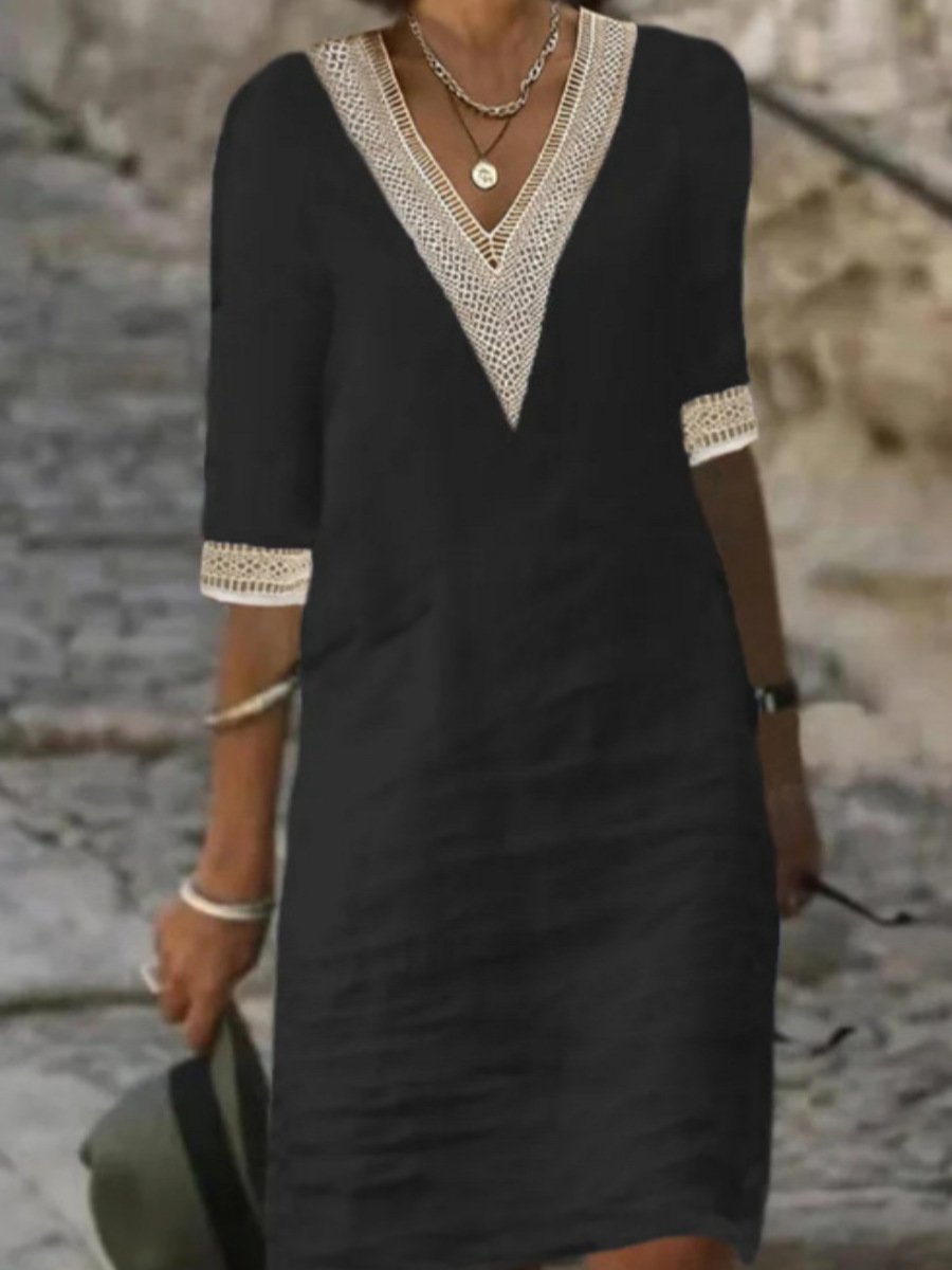 Abito Donna Casual in Lino con Scollo a V e Pizzo 3/4