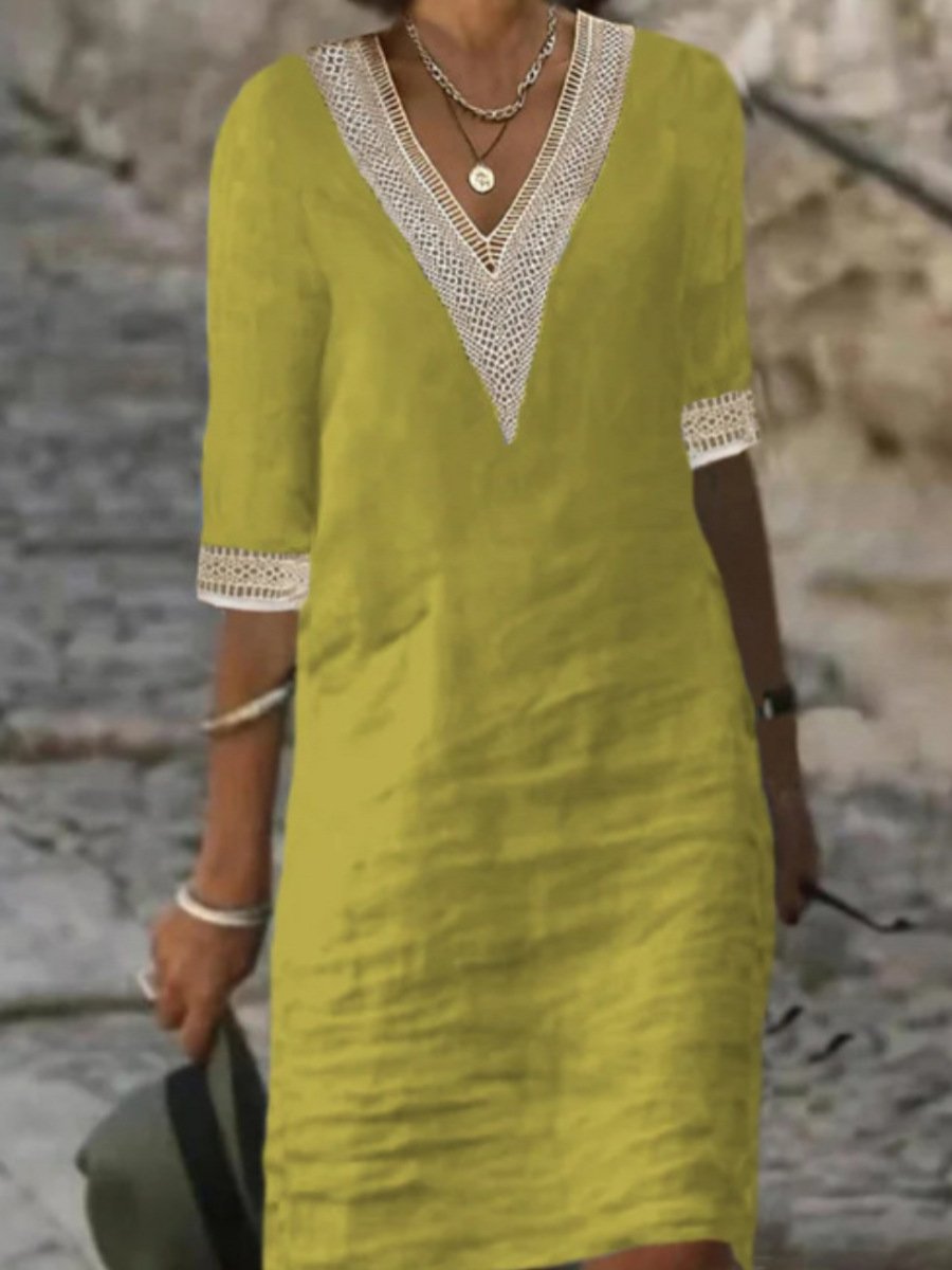 Abito Donna Casual in Lino con Scollo a V e Pizzo 3/4