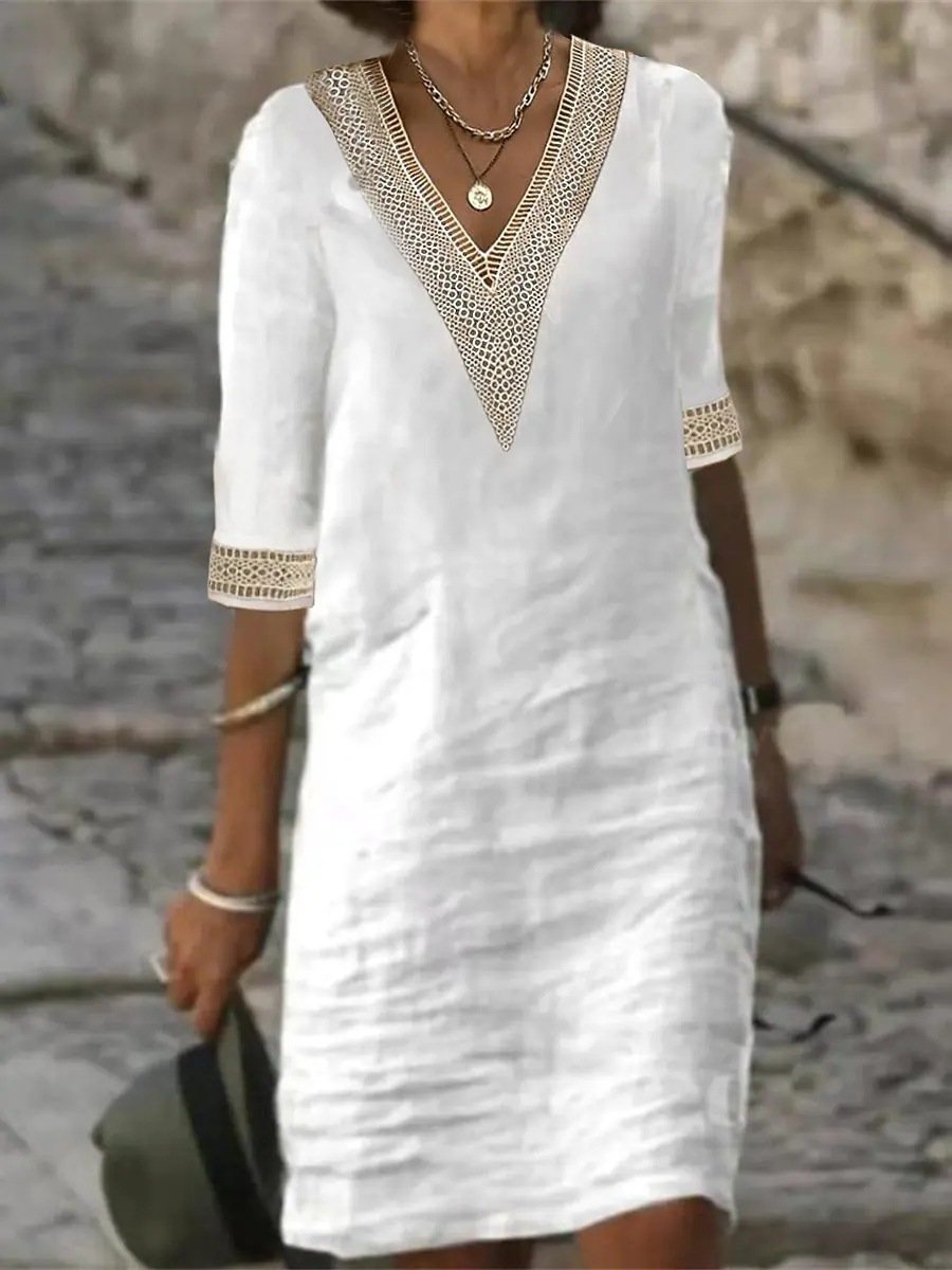 Abito Donna Casual in Lino con Scollo a V e Pizzo 3/4