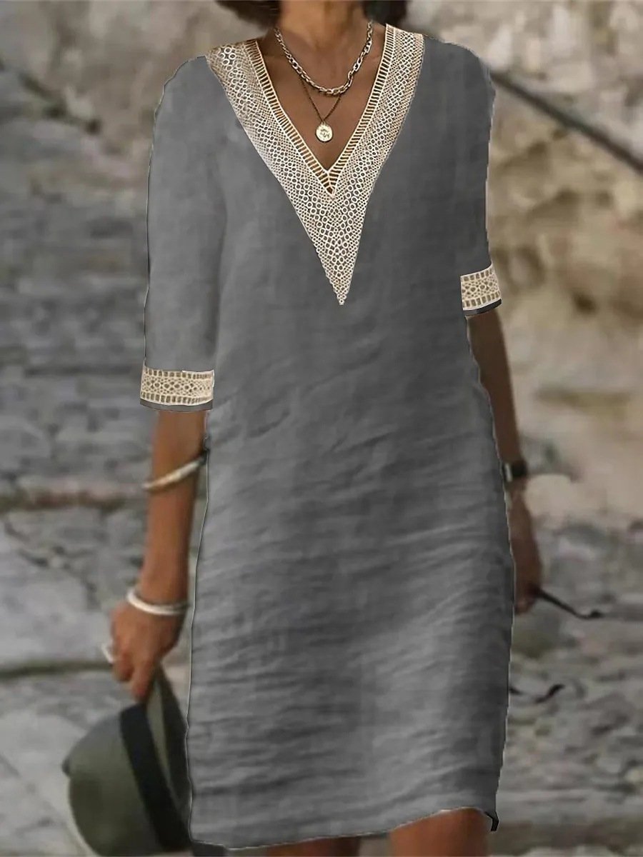 Abito Donna Casual in Lino con Scollo a V e Pizzo 3/4