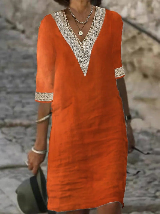 Abito Donna Casual in Lino con Scollo a V e Pizzo 3/4