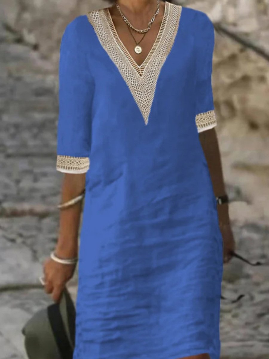 Abito Donna Casual in Lino con Scollo a V e Pizzo 3/4